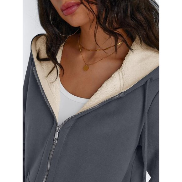 Womens Dark grey Fleece Lined Zip Up Hoodie Jacket Winter Sweatshirt Fall Coat - Picture 5 of 5